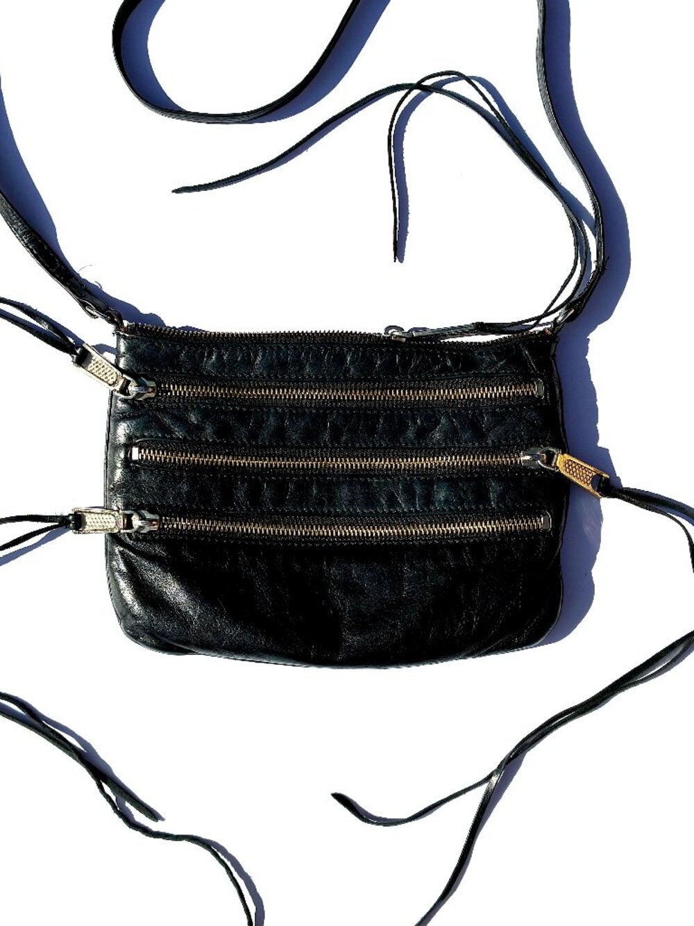 Women's Rebecca Minkoff Three-Zip Rocker Crossbody Leather Fringe Purse, Black